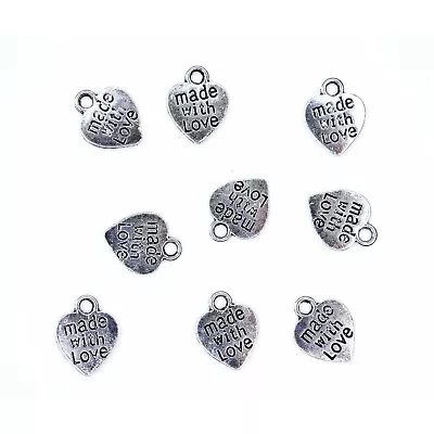 10 Made With Love Heart Charms - Antique Silver Tone - 12.5mm X 10mm - P00810 • £2.79