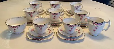 TF & S Ltd Phoenix Art Deco Bone China Pink Floral Tea Set 8 Trios Milk & Sugar • £22