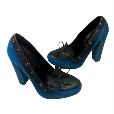 Alviero Martini 1'a Classe Heel Moccasin Blue Suede Green Leather RARE 7.5 • $27.99