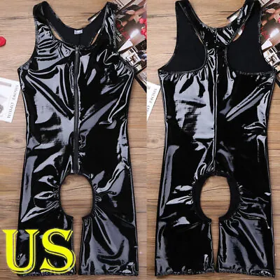 US Mens Leather Jockstraps Leotard Bodysuit Zipper Wrestling Singlet Catsuits • $18.11
