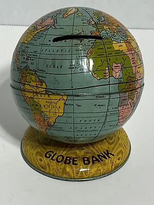 🔥 VINTAGE J CHEIN GLOBE TIN  SAVINGS BANK MADE IN USA 1930s WORLD MAP • $19.19