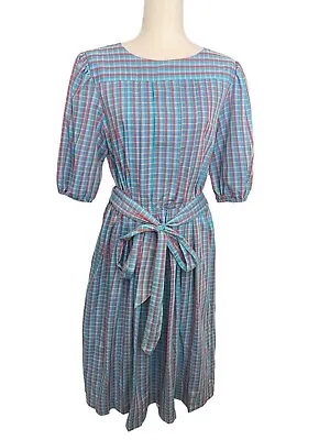 Red Blue Plaid Saks Secretary Dress Puff Sleeve Vintage 70s Midi Large FLAWED • $12