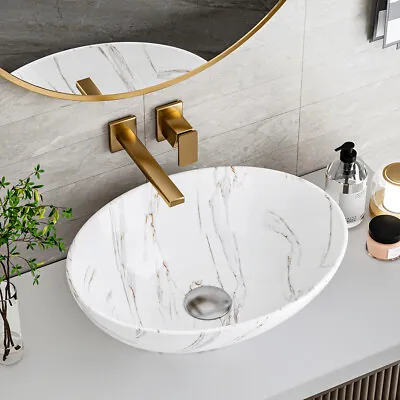 Ceramic Bathroom Vanity Basin Marble Effect Cloakroom Wash Sink Counter Top Bowl • £49.95