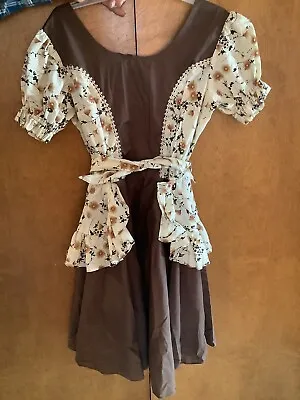 Vintage 70s Brown Square Dance Dress With Flowered Sleeves Belt Sides Size 18 • $49