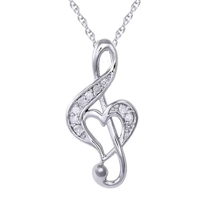 Music Note Heart Pendant 1/10 Ct Natural Diamond  18  Chain In Sterling Silver • $102.59