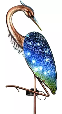 Blue Heron Bird Outdoor Solar Glass Garden Light Decor Yard Art Patio Pathway • £43.34