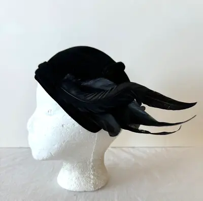 Vintage Patrice Model Black Velour Womens Hat Ostrich Feather 22 Art Deco • $34.99