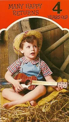 4th Happy Birthday Vintage Boys Greeting Card 4 Years Old Ukulele Cowboy Fourth • £1.99