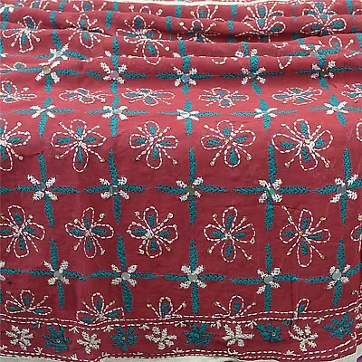 Sanskriti Vintage Blend Georgette Long Dupatta Dark Red Handmade Phulkari Veil • $64.99