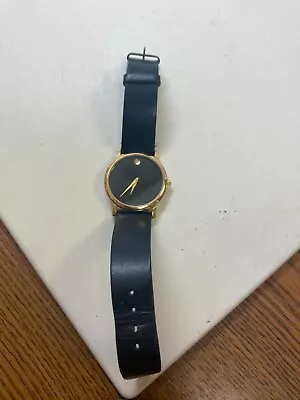 Movado Black Museum Dial Gold-Tone Leather Band Watch 87 E4 0884 NEW BATTERY! • $89.95