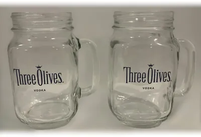 Set Of 2 Three Olives Vodka 16 Oz Mason Jar Handled Glass Drinking Mugs Barware • $9.99
