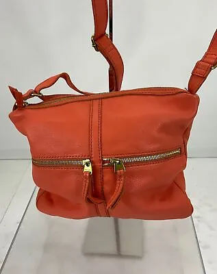 Fossil Coral Orange Leather Front Pockets Top Zip Crossbody Bag • $20