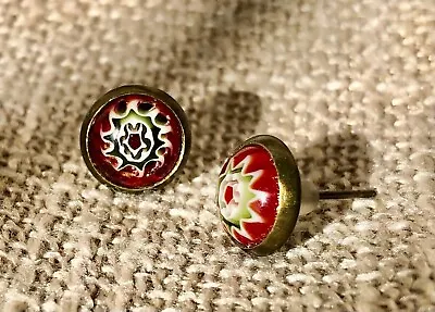 Red Maroon Flower Post Earrings 3/8  Glass Cabochons Millefiori Soft Earnuts • $12