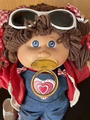 Cabbage Patch Kids 80’s Pacifier Girl Brown Poodle Hair Blue Eyes Heart Outfit • $98.03