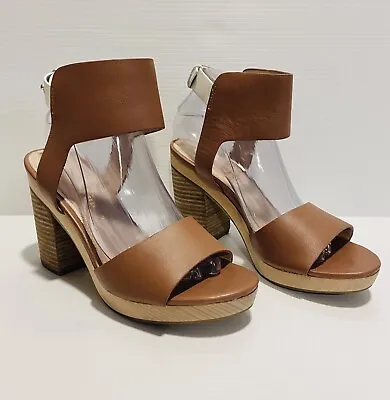 $65 • Buy Department Of Finery DOF Leather Block Heels Sandals Platforms Tan EC Size 39