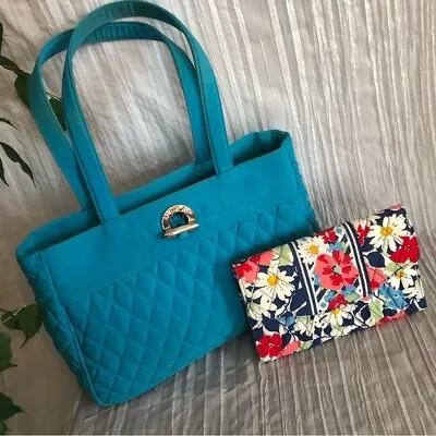 VERA BRADLEY Lot Of 2 Turquoise Sea Quilted Shoulder Bag & Summer Cottage Wallet • $23.40