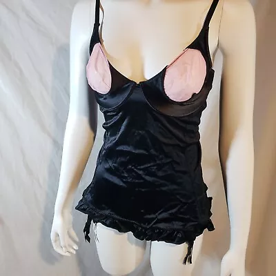 Victoria's Secret Large Satin Garter Slip Merrywidow Black Pink Sheer Heart Cups • $64.99