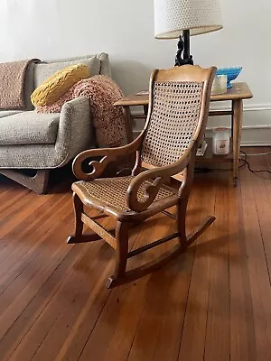 Antique Childs Rocking Chair With Caned Seat And Back Solid Wood Rattan Nursery • $100