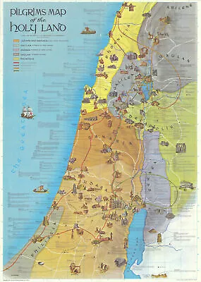 Pilgrim's Map Of The Holy Land. Pictorial Folding Israel Map. 85x61cm. AMIR 1972 • $69.46