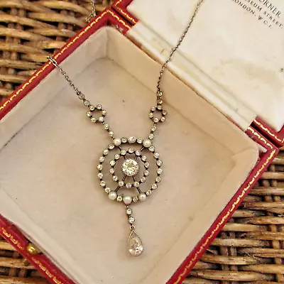 Stunning Edwardian Sterling Silver Diamond Paste & Cultured Pearl Necklace • £145