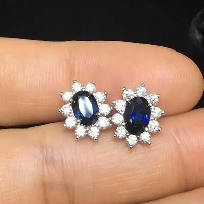 3.00 Ct Oval Cut Blue Sapphire & Diamond Halo Stud Earrings 14K White Gold Over • $83.49
