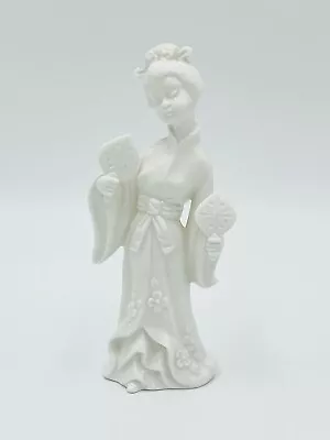 Vintage All White Japanese Geisha Girl Figurine With Fans 16.5cm • $34