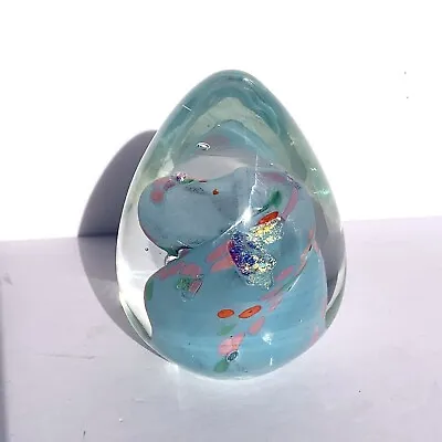 Karg Glass Paperweight Egg Blue Dichroic Pink Spots Swirl 4.75” Signed Art Twist • $39.36