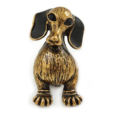 Vintage Inspired Dachshund Dog Brooch In Antique Gold Tone - 33mm Tall • £10.99