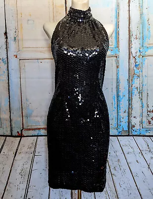 Vintage Nite Line Black Sequin High Neck Cutout Back Evening  Dress Size 8 • $68