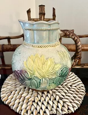 Antique Majolica Water Lily Flower Pad Pond Large Pitcher Gorgeous Coloring 1880 • $65