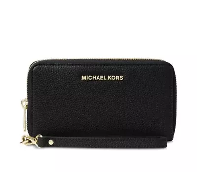 Michael Kors Jet Set Travel Large Phone Case Leather Wallet Wristlet Black Gold • £60.73