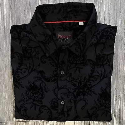 Bruno LUXE L/S Button-Up Polo Shirt Mens L Raised Velvet Floral Pattern • $21.99