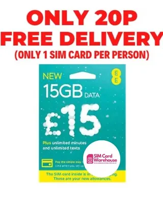 EE Sim Card Pay As You Go £10 Pack 20GB Data Unlimited SMS Mini Micro &Nano PAYG • £0.99
