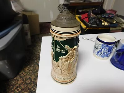 Vintage/antique 11 Inch German Beer Stein With Pewter Lid Green Cream Man W Harp • $24.95