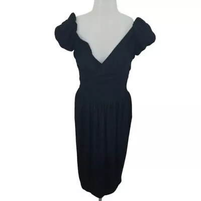 Charles Nolan Dress Black Ruched V-neck Wrap S Cap Sleeve Lbd A-line Size S • $37.50