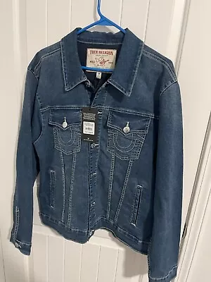 True Religion Men’s Denim Trucker Jacket Jean Blue Button Up Sz L  New With Tags • $50