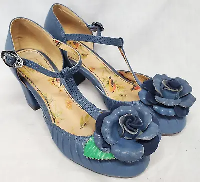 Miss L-Fire Womens Shoes Size 36 Blue Leather Heels 3D Flower T-Strap • $49.99