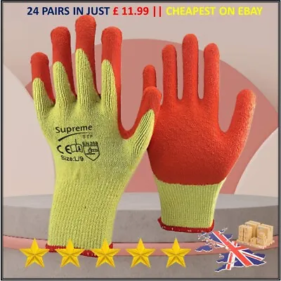 24 Pairs Orange Latex Coated Rubber Safety Work Gloves Mens Builders Gardening • £2.49