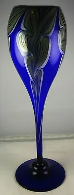 Vandermark Liberty Village 12 1/4  Goblet Vase Stylized Floral White Cased Blue • $24.50