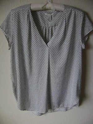 H&m Womens Pullover Blouse 10 ( M ) White Black Polka Dot Tunic Top Short Sleeve • $4.99