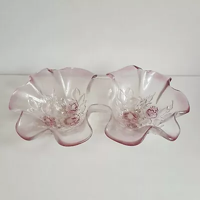 Mikasa Walther  Rosella  Dish Frosted Glass Pink Roses Twin Bowl • £14