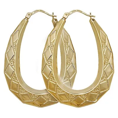 9ct Yellow Gold On Silver Large Patterned Oval Ladies Creole Hoop Earrings - • £29.95
