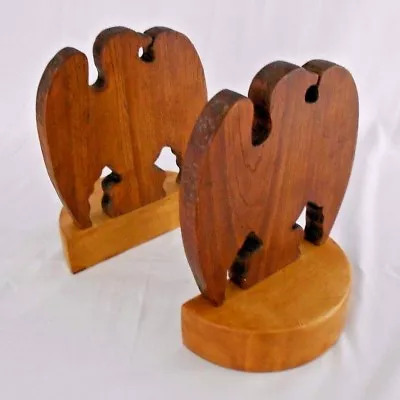 Vintage Wooden Bookends Eagle Maple Bases Heavy And Stable 8.5  High 2-Tone • $14.99