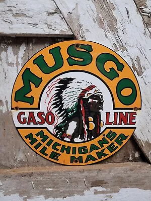 Vintage Musgo Porcelain Sign Old Gas Station Pump Plate Michigan Mile Maker 12  • $145.34