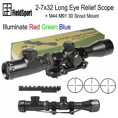 Mosin Nagant 2-7x32 Long Eye Relief Illuminate RGB Scope M44 M91 30 Scout Mount • $69.99