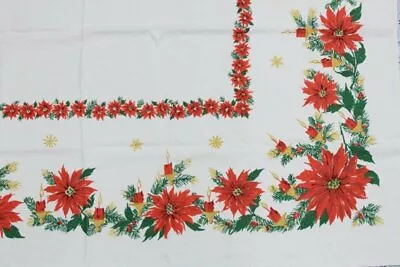 Vtg Christmas Tablecloth Printed Poinsettia Candle Red Green Gold 54 X 70 Linen? • $25
