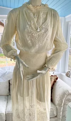 Vintage Hungarian Embroidered Summer Dress In Butter Cream Cotton Gauze • $225