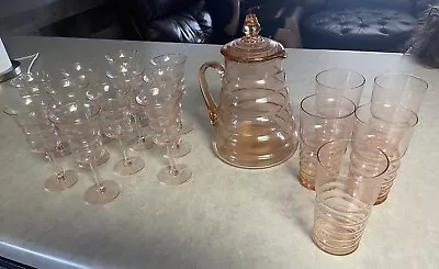 Vintage Pink Depression Glass Rings Pitcher W/Lid & 5 Rib’d Glasses11 Stemware • $175