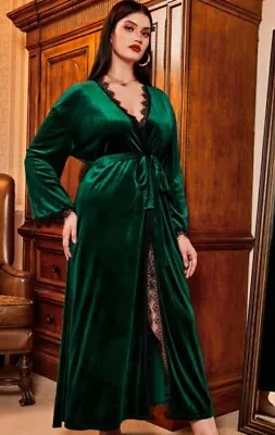 Green Velvet Velour Black Lace Trimmed Dressing Gown Robe Peignoir Plus Size 3XL • £25