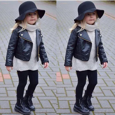 Toddler Baby Girls Black Faux Leather Warm Biker Jacket Coat Windproof Outwear H • £19.02